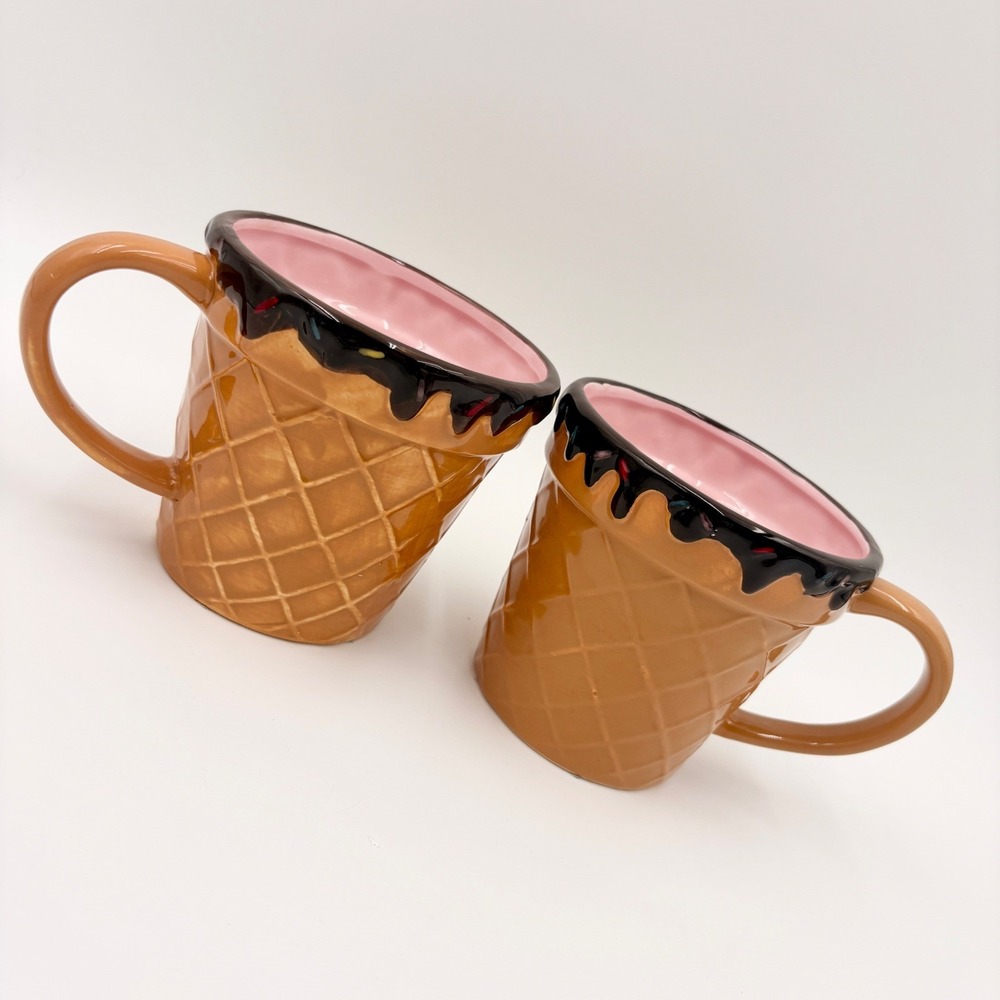 Ice Cream Cone Ceramic Mugs 18oz Set of 2 Pink Chocolate Summer Devor
